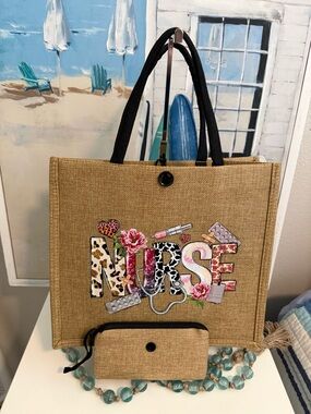 Nurse Printed Jute Tote Bag in Natural with Black Handles